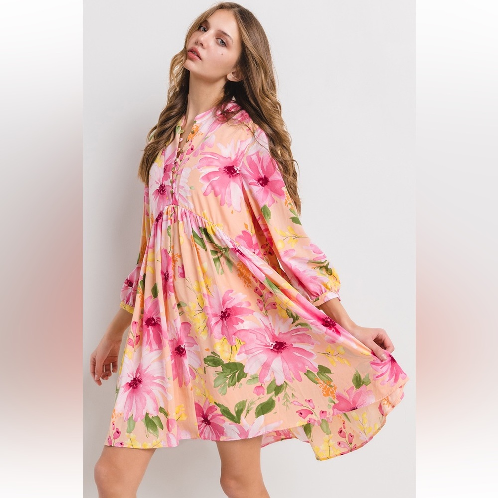 Peach Floral Mini Dress with Pink Blossoms - Picture 2 of 5